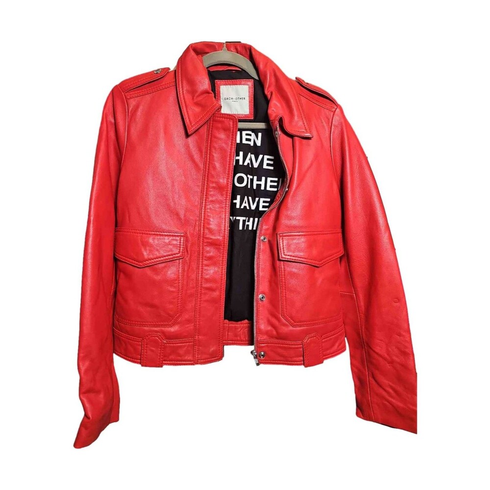 EACH OTHER Paris Red Leather Biker Jacket Full-Zip Pockets Women's 36 US 4 Small